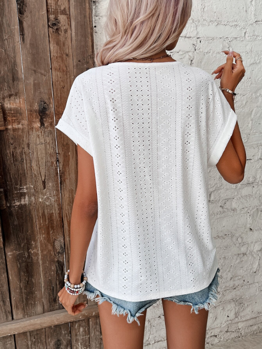 Frenchy Eyelet Embroidery Batwing Sleeve Tee