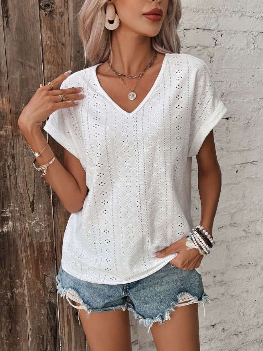 Frenchy Eyelet Embroidery Batwing Sleeve Tee