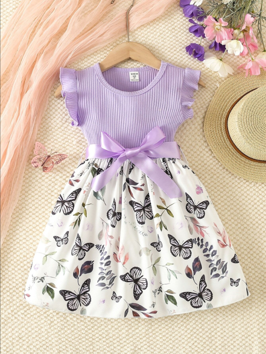 Young Girl Butterfly Print Butterfly Sleeve Belted Dress