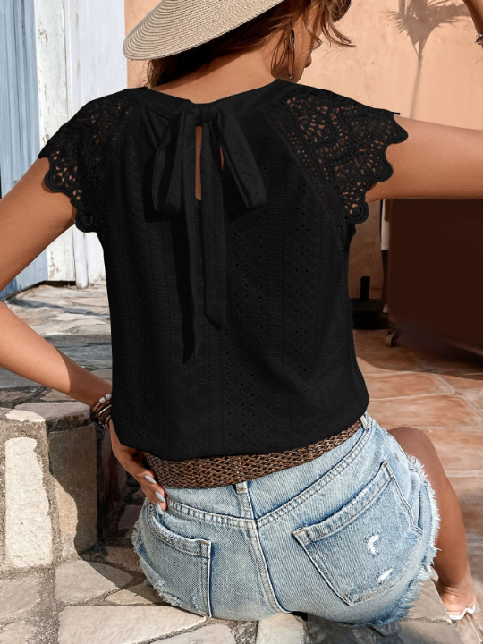 Frenchy Contrast Lace Tie Back Raglan Sleeve Blouse