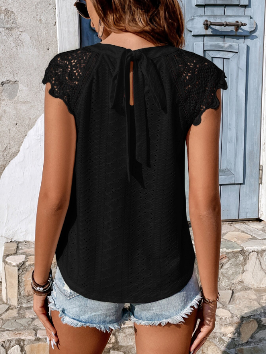 Frenchy Contrast Lace Tie Back Raglan Sleeve Blouse