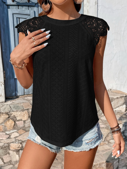 Frenchy Contrast Lace Tie Back Raglan Sleeve Blouse