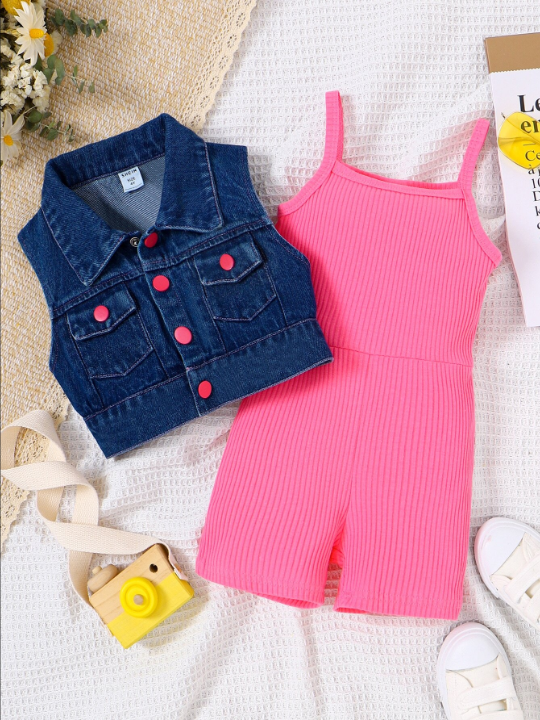 SHEIN Young Girl Flap Pocket Vest Jacket & Ribbed Knit Cami Romper