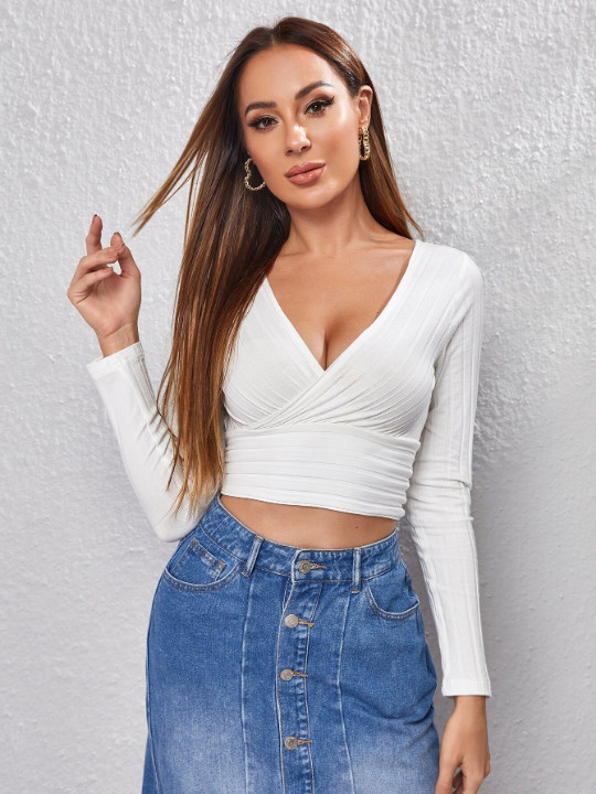 Priv White Surplice Neck Rib-Knit Solid Crop Tee