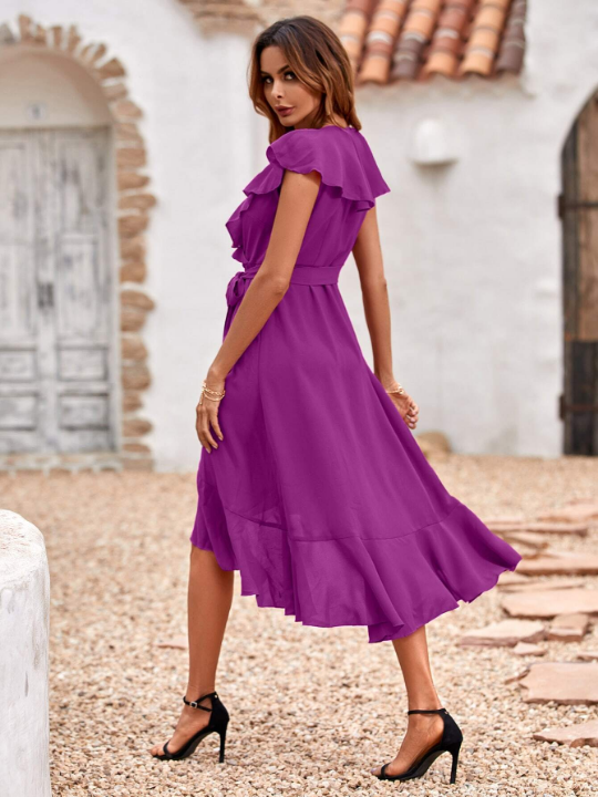 Ruffle Trim Belted Wrap Dress