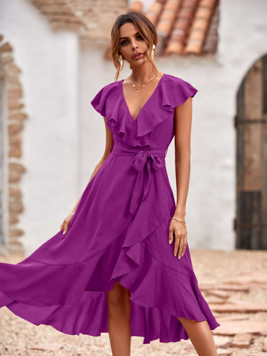 Ruffle Trim Belted Wrap Dress