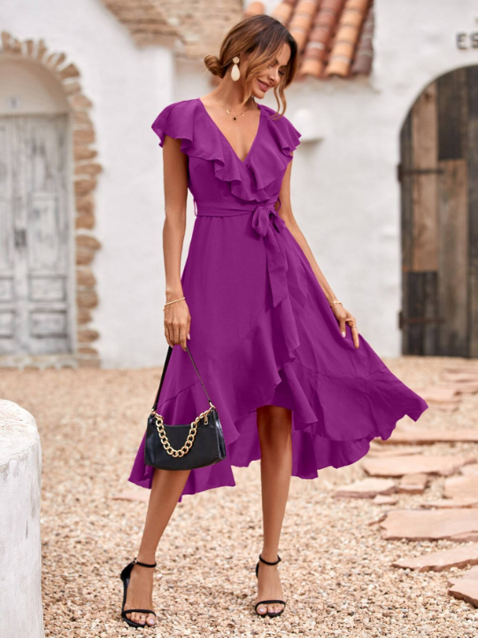 Ruffle Trim Belted Wrap Dress