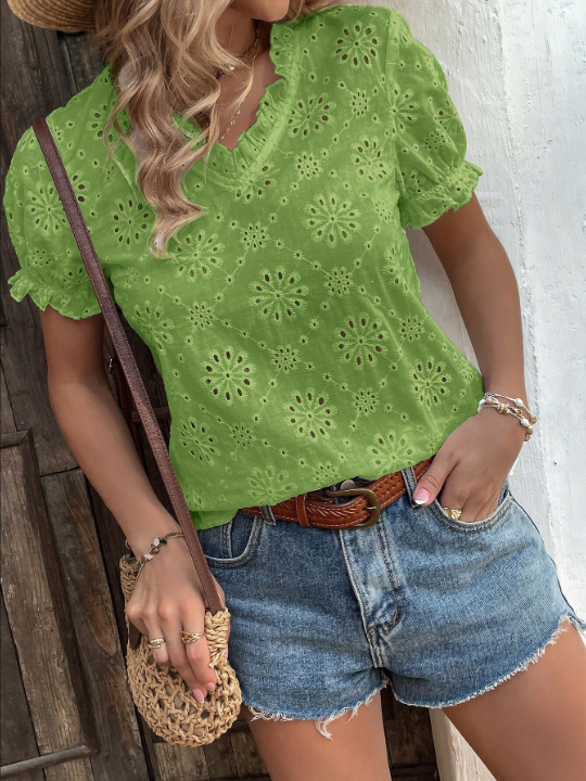 VCAY Eyelet Embroidery Puff Sleeve Blouse