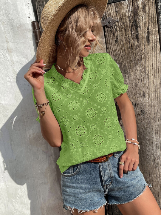 VCAY Eyelet Embroidery Puff Sleeve Blouse