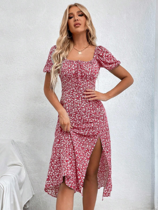 VCAY Ditsy Floral Print Knot Front Split Thigh Dress