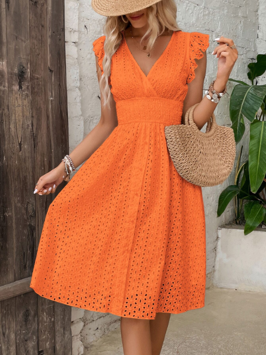 VCAY Eyelet Embroidery Ruffle Trim Dress