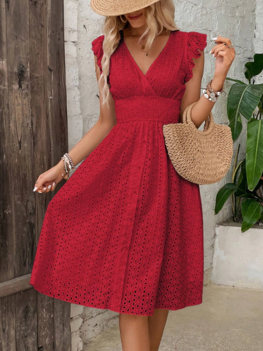 VCAY Eyelet Embroidery Butterfly Sleeve Dress