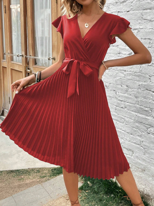 VCAY Surplice Neck Butterfly Sleeve Pleated Hem Belted Dress