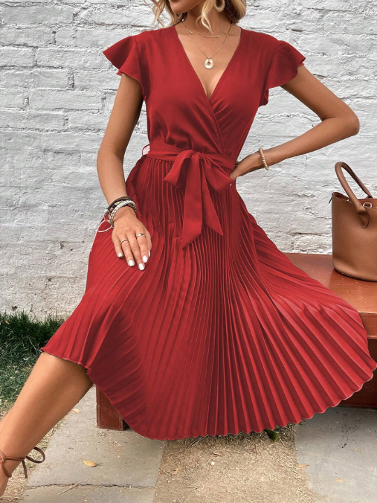 VCAY Surplice Neck Butterfly Sleeve Pleated Hem Belted Dress