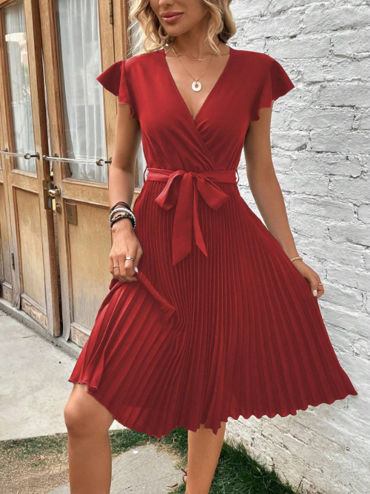 VCAY Surplice Neck Butterfly Sleeve Pleated Hem Belted Dress