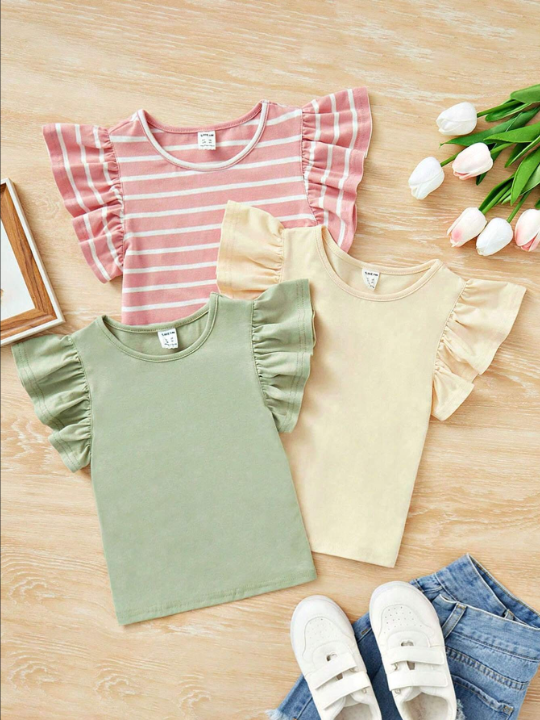 SHEIN Kids EVRYDAY Young Girl 3pcs Striped Ruffle Trim Tee