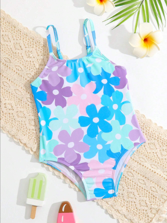 Young Girl Floral Print One Piece Swimsuit