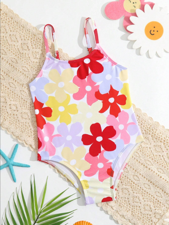Young Girl Floral Print One Piece Swimsuit