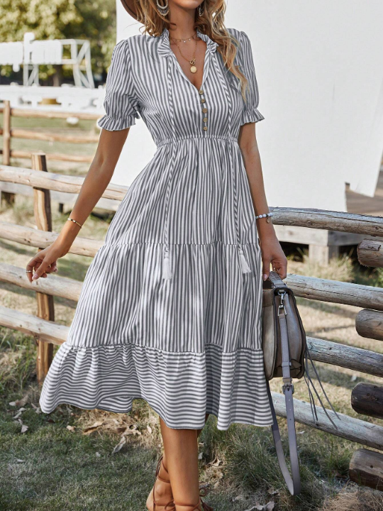 LUNE Striped Print Puff Sleeve Ruffle Hem Dress