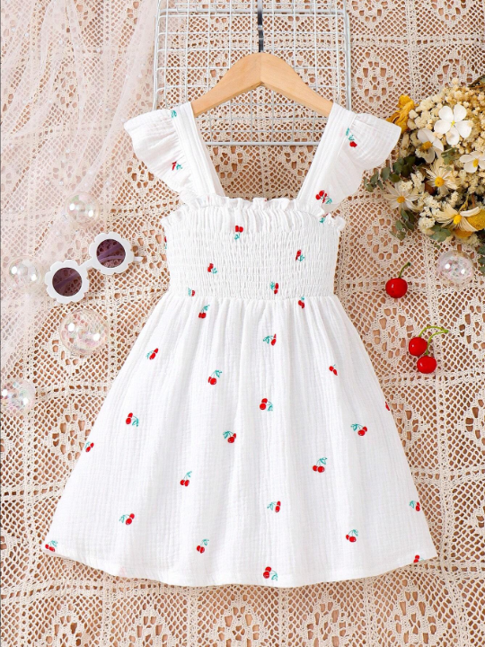 Young Girl Cherry Print Ruffle Trim Dress