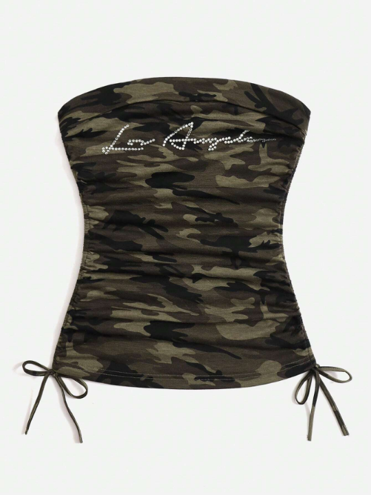 EZwear Summer Outfits Western Cowgirl Camo Print Drawstring Side Tube Top