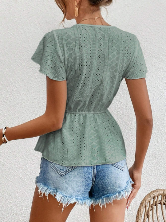 Frenchy Eyelet Embroidery Scallop Trim Butterfly Sleeve Peplum Schiffy Blouse