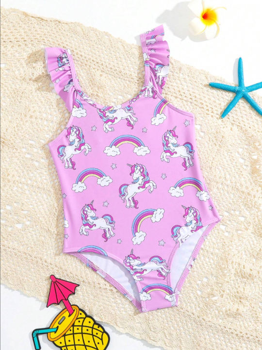 Young Girl Unicorn Print Ruffle Trim One Piece Swimsuit