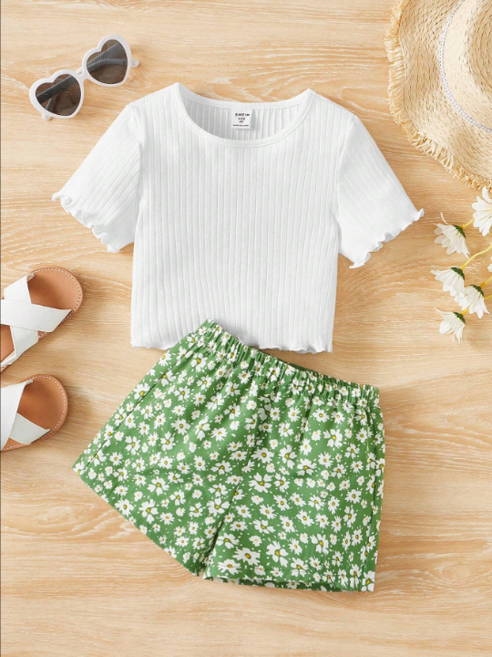 Young Girl Toddler Girls Lettuce Trim Tee & Ditsy Floral Print Shorts