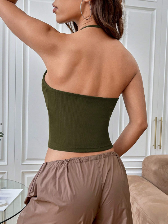 EZwear Solid Backless Crop Halter Top