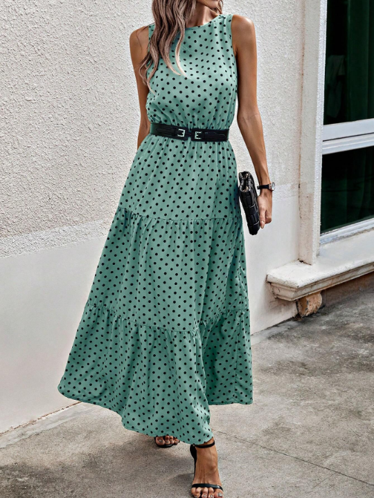 LUNE Polka Dot Print Ruffle Hem Dress Without Belt