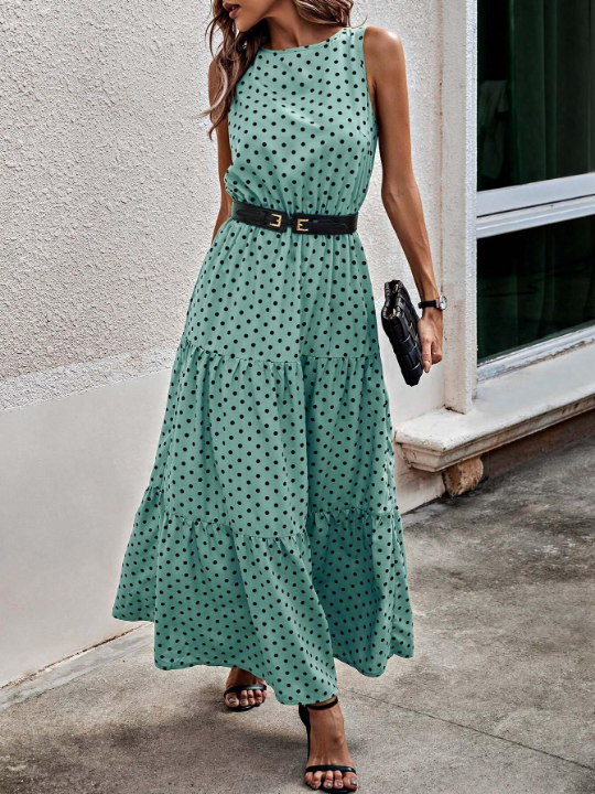 LUNE Polka Dot Print Ruffle Hem Dress Without Belt