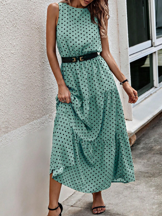 LUNE Polka Dot Print Ruffle Hem Dress Without Belt