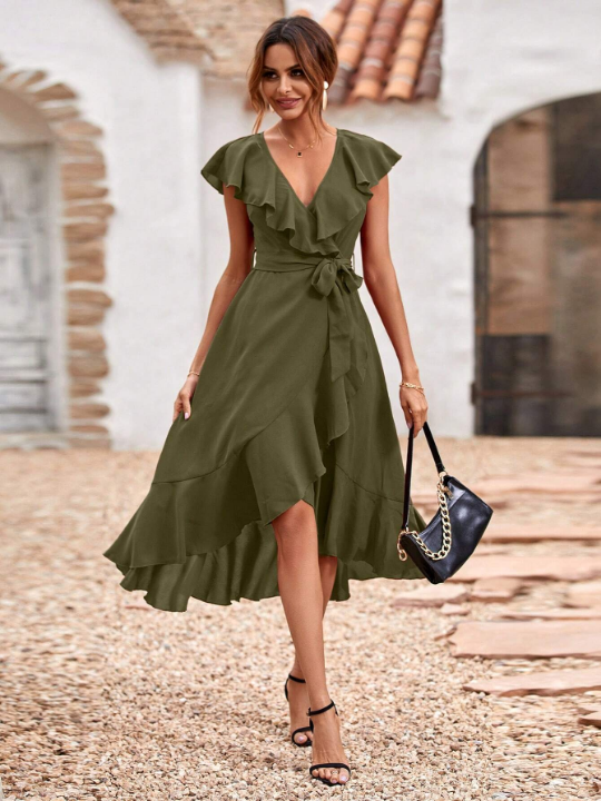 LUNE Ruffle Trim Belted Wrap Hem Dress