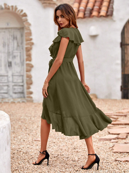 LUNE Ruffle Trim Belted Wrap Hem Dress