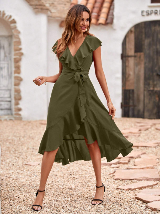 LUNE Ruffle Trim Belted Wrap Hem Dress