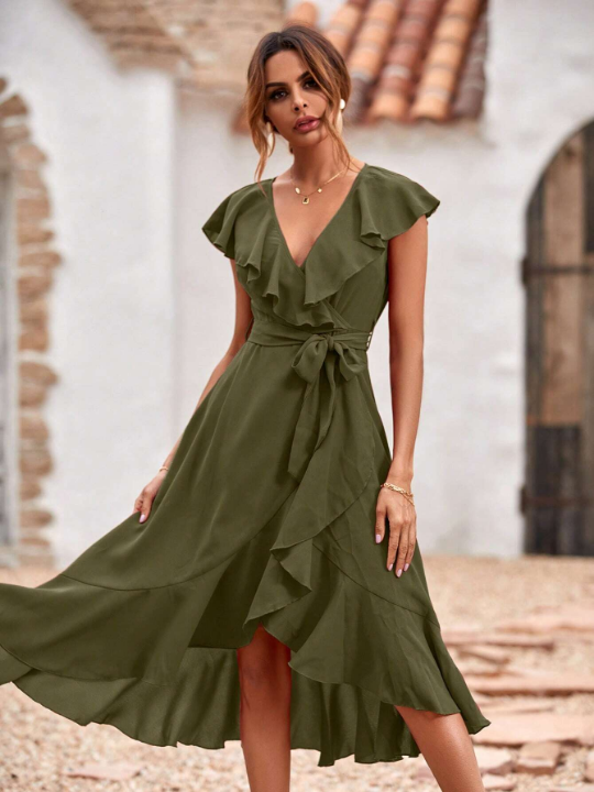 LUNE Ruffle Trim Belted Wrap Hem Dress