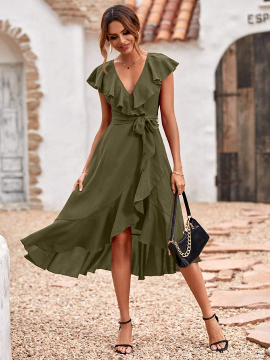 LUNE Ruffle Trim Belted Wrap Hem Dress