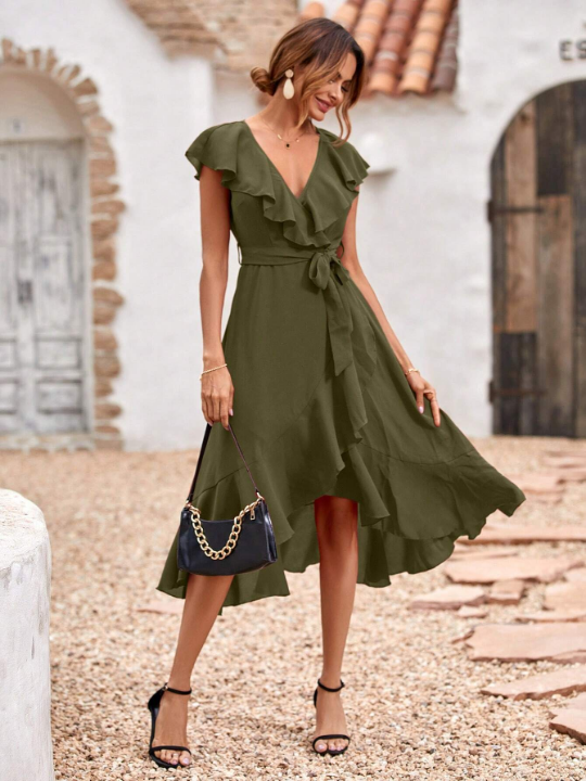 LUNE Ruffle Trim Belted Wrap Hem Dress