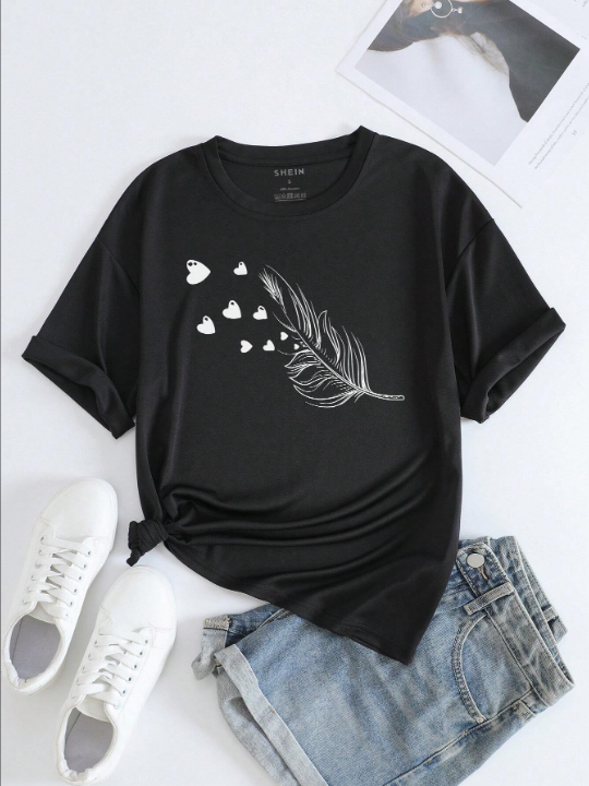 LUNE Feather And Heart Print Tee