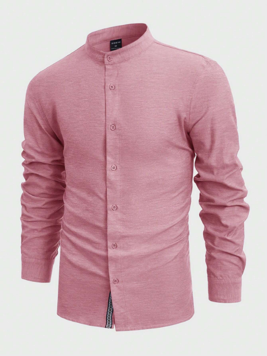 Manfinity Mode Men Cotton Mock Neck Button Up Shirt