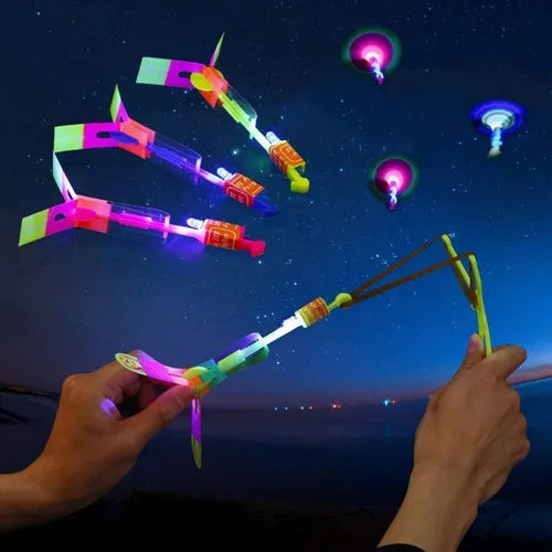 10pcs, Outdoor Flying Luminous Rocket, Flashing LED Lights, Children's Luminous Slingshot Toys, Elastic Helicopter Rotating Toys, Funny Children Games, Party Gifts, Children's Gifts, Holiday Gifts, Birthday Gifts, Glow In Dark Party Supplies