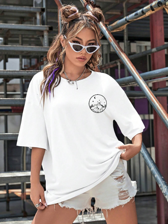 Moon And Sun Print Drop Shoulder Oversized Tee