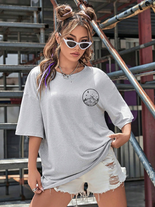 Sun & Moon Print Drop Shoulder Oversized Tee