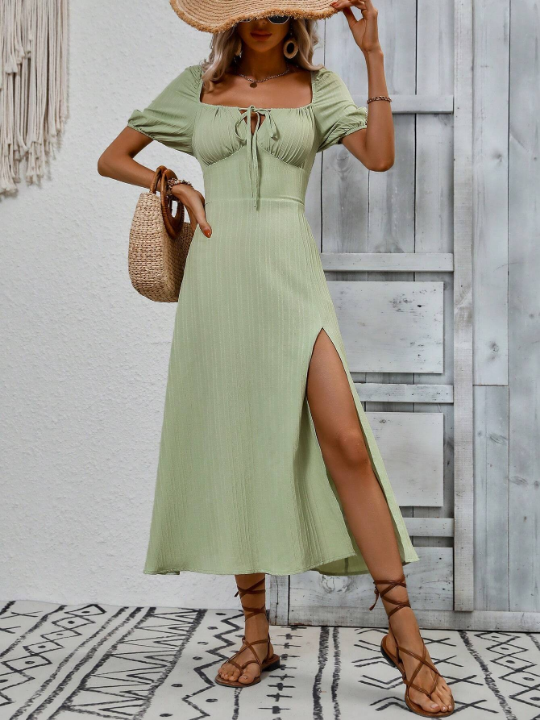 VCAY Tie Front Puff Sleeve Split Thigh Dress