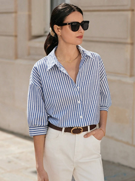 Frenchy Striped Print Drop Shoulder Shirt