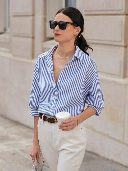 Frenchy Striped Print Drop Shoulder Shirt