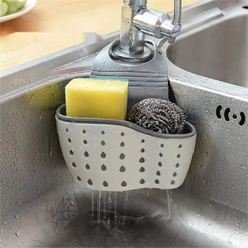 1pc Sink Sponge Holder, Sink Organizer Storage Box, Hangable Multifunctional Drain Adjustable Shoulder Strap, Kitchen Sink Sponge Holder And Kitchen Bathroom Faucet Hanging Basket Storage, Kitchen Supplies