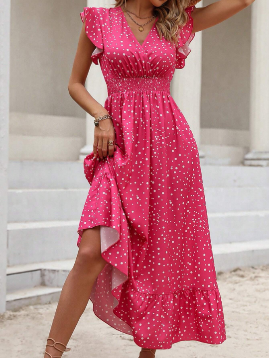 VCAY Polka Dot Print Butterfly Sleeve Ruffle Hem Dress