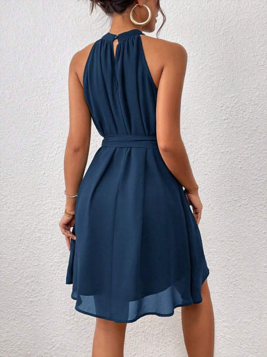 Priv Solid Belted Halter Dress