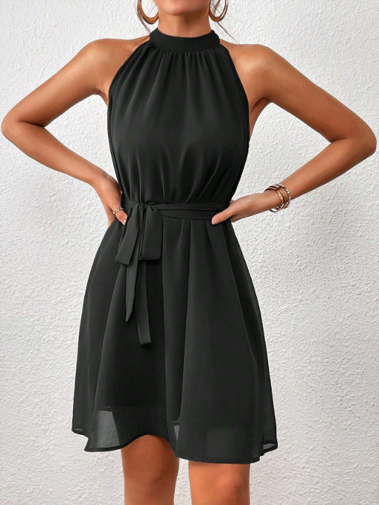 Priv Solid Belted Halter Dress